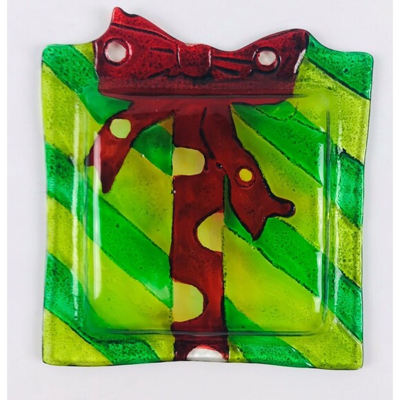 Christmas Glass Candy dish Green Red Bow Stripes 6in x 7in Fused Art Glass - Picture 1 of 5